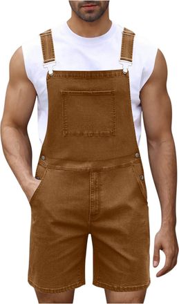 Generic Mens Denim Overalls Bibs and Brace Dungarees Zipper Pocket Short Jumpsuit Solid Color Casual Jeans Shorts Work Coveralls