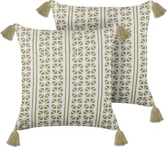 Beliani Conjunto De 2 Cojines De Algod&oacute;n Verde Claro Blanco 45 X 45 Cm A Mano Syringa