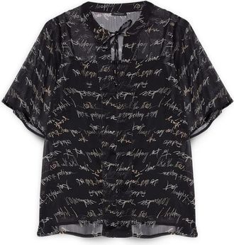 Fiorella Rubino Lettering Print Blouse in Cr&ecirc;pon - Dames - Blouses - Zwart - 4XL - Polyester - Overhemden