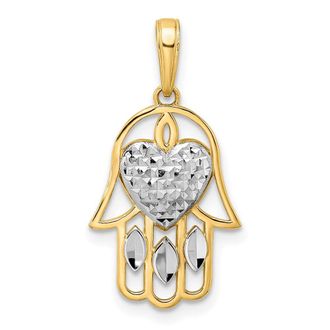 Diamond2Deal 14k Yellow Gold White Rhodium Diamond-Cut Heart Hamsa Pendant