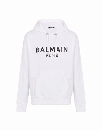 Balmain Mens Balmain Paris Logo Printed Hoodie in White - Size: 36