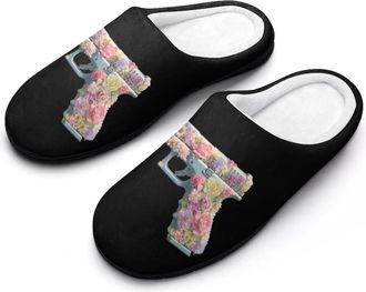 Generic Flower Guns Floral Slippers Men Winter Warm Cotton Anti-Slip Indoor Slip-Ons House Shoes