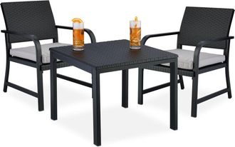 Relaxdays Mesa y Sillas Balcón, 1 Mesita y 2 Asientos, Cojines, Muebles Exterior Efecto Ratán, Acero y Plástico, Negro - Relaxdays