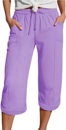 Generic Linen Trousers Womens Drawstring Elastic Waist Summer Lightweight 3/4 Trousers with Pockets Causal Loose Comfortable Fabric Sport Leisure Beach Hiking