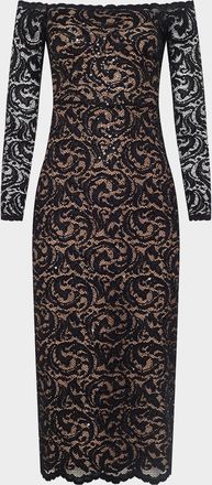 L'agence Lindsay Sequined Lace Off-Shoulder Midi Dress