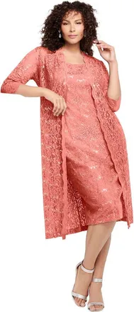 Roaman's Plus Size 3/4 Sleeve Formal Duster Sequin Embellished Lace Dress Set in Desert Coral at Nordstrom, Size 28