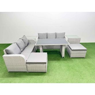 Fimous 8 Seater Rattan Outdoor Dining Table 3 Seater Sofa Set with 2 Side Tables 2 Big Stools Light Grey - Fimous