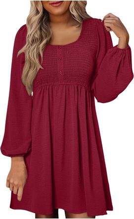 Generic Women Long Sleeve Casual Dress Smocked Round Neck Button Up Empire Waist A-Line Mini Dress Loose Flowy Dress Solid Plain Pleated Dresses Holiday Party