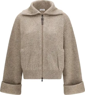 Brunello Cucinelli Trui met hoge hals en wijde mouwen - Dames - Truien - Beige - Maat: S Wol