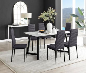 Furniturebox Carson White Marble Effect Dining Table & 6 Velvet Milan Black Leg Chairs in Grey