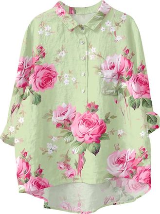 Generic Quarter Length Sleeve Shirt Vintage Floral Art Printed Womens Lapel Neck Casual Cotton and Linen Long Sleeve Shirt Long Sleeve Blouses for Women UK (G