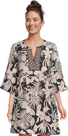 Tommy Bahama Stamped Lucia Blooms Tunic Dress Womens Dress Black : MD (US 8-10), Linen/Viscose