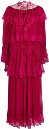 Chlo&eacute; Ruffled Lace-trim Tiered Silk Maxi Dress - Pink - 38 (UK10 / S)