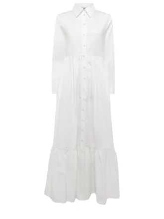 Blugirl Long White Dress With Button-Down Front And Gathered Waistline
