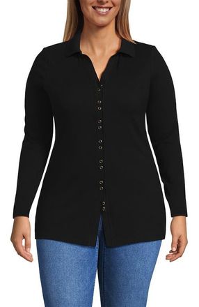 Lands End Plus Size Long Sleeve Polished Rib Button Through Tunic Shirt in Black at Nordstrom, Size 1X
