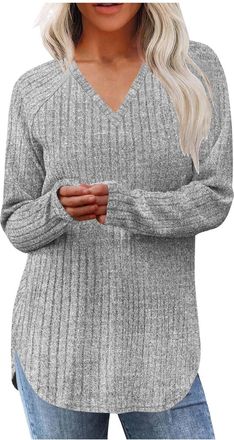 Generic AnnSemo Womens V Neck Jumpers Raglan Sleeve Knitwear Casual Baggy Ribbed Knitted Jumpers for Women UK with Hem Side Slit Long Sleeve Sweater Pullover 