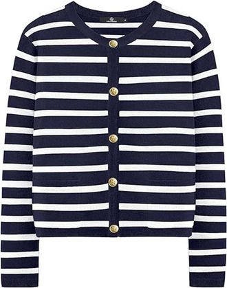 Generic Women Striped Cardigan Sweaters, Knitted Gold Buttons Crew Neck Sweater with Pocket, Cropped Knit Lady Casual Jackets Coat (Navy Blue,M)