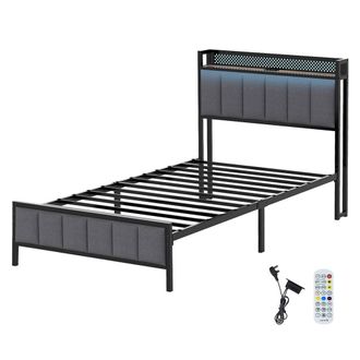 Levede Single Bed Frame Metal Platform LED Headboard Charging Station in Grey