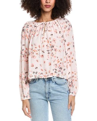 Bella Dahl Shirred Raglan Tie Front Linen-Blend Blouse