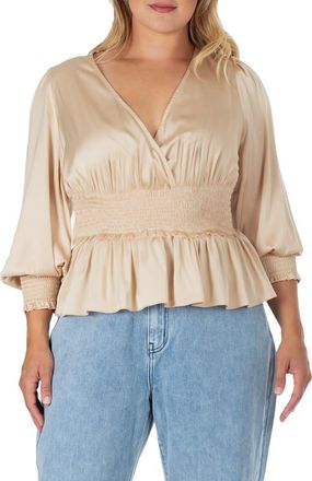 Standards & Practices Smocked Peplum Satin Top in Champagne at Nordstrom, Size 1X