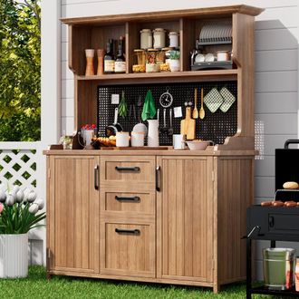 Merax Wood Garden Storage Cabinet with Drawers, Prep Station, Metal Pegboard in Brown