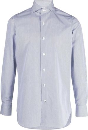 Finamore Verticaal Gestreept Katoenen Overhemd - Heren - Casual Overhemden - Blauw - 3XL - Katoen - Overhemden