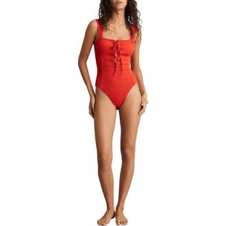Reiss Fabienne Lace-Up Rib One-Piece Swimsuit in Orange at Nordstrom, Size 6 Us