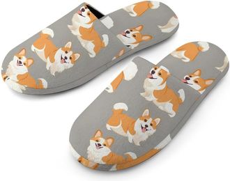 Generic Happy Corgis Dogs Flannel Mens Slip-on Slippers Winter Warm House Shoes with Rubber Sole for Home Hotel