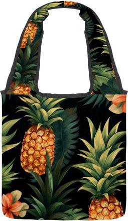 Generic Tropical Pineapple Pattern Reversible Canvas Shoulder Tote - Double-Sided Print, 12oz Cotton, 27cm Drop, Fold-Flat Bag for Travel, Shopping, Street Ou