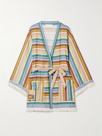 Zimmermann Accappatoio In Voile Di Cotone A Righe Con Frange E Cintura Everley - Multicolore