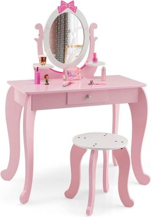 Costway Costway Juego De Tocador De Maquillaje Para Ni&ntilde;as, Mesa De Maquillaje Con Taburete De Madera 2 En 1, Espejo Ovalado, Caj&oacute;n, Set De Mesa Y Silla De Maq