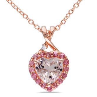 Amour Morganite, Pink Tourmaline and Diamond Heart Halo Pendant with Chain In Rose Plated Sterling Silver