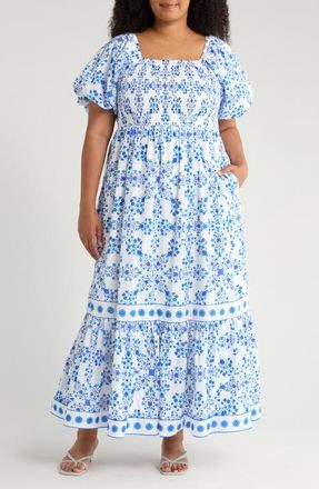 Sugarlips Vera Floral Smocked Maxi Dress in White/Blue at Nordstrom, Size 1 X