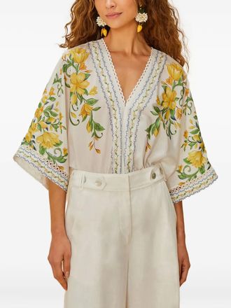 Farm Rio floral-print lace trim bodysuit - women - Cotton/Viscose - M - White