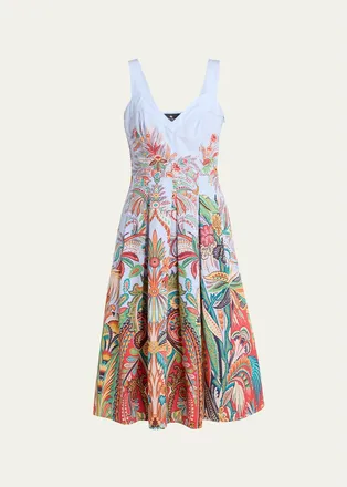 Etro Sleeveless Paisley-Print Pleated Cotton Midi Dress