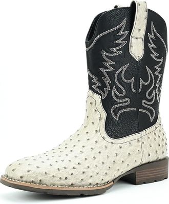 Generic Cowboy Boots for Men Square Toe Western Boot Durable Retro Classic Crocodile Print Pull on Shoes Slip Resistant,White and Black,10.5 UK