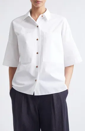 Lafayette 148 New York Workwear Organic Cotton Poplin Short Sleeve Button-Up Shirt in White at Nordstrom, Size X-Large
