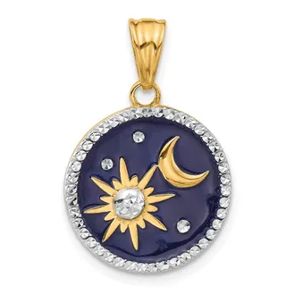 Diamond2Deal 14k Yellow Gold White Rhodium Diamond-Cut Enameled Sun Moon Pendant