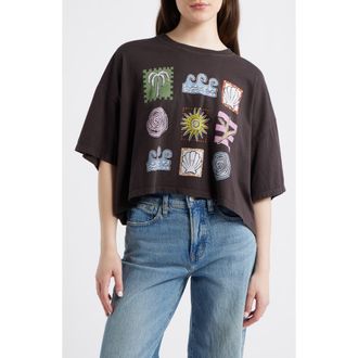 Daydreamer Seaside Doodle Grid Cropped Graphic Tee in Reactive Black at Nordstrom