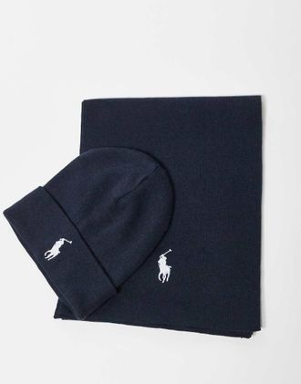 Polo Ralph Lauren Set berretto e sciarpa in maglia di cotone con logo a icona blu navy m&eacute;lange