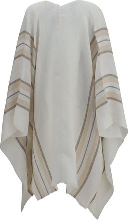 Brunello Cucinelli Womens Open Poncho Linen, Cashmere And Silk Blend White-Beige-Camel-Silver Knitwear White/beige/camel/silver Sweater