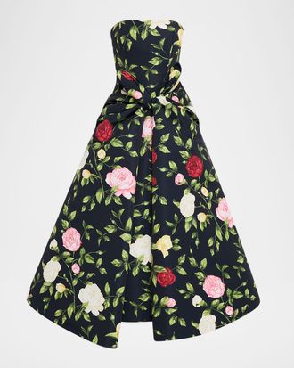 Oscar De La Renta Strapless English Roses Faille Tea-Length Dress