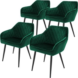 ML Design Ml-design - Set 4x Sillas De Comedor Verde Oscuro Estilo Moderno Asiento Tapizado De Terciopelo Patas De Metal Negras Con Respaldo Y Apoyabrazos Sill&oacute;