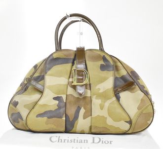 Dior Vintage Saddle Bowler Camouflage Printed Pixelated Leather Khaki Canvas Handbag (Pre-Owned)