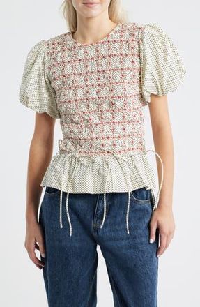 Damson Madder Audrey Polka Dot Smocked Organic Cotton Top in White at Nordstrom Rack, Size 8 Us / 12 Uk