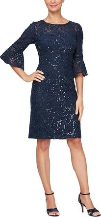 Alex Evenings Short Corded Lace Sheath Dress with Illusion Neckline and Bell Sleeves Womens Dress Navy : 10, Polyester