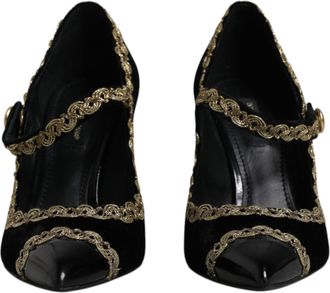 Dolce & Gabbana Black Velvet Gold Mary Janes Pumps Womens Shoes (Pre-Owned)