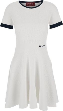 Gucci White Flared Dress With Logo Lettering Embroidery On The Front In Viscose Blend Woman