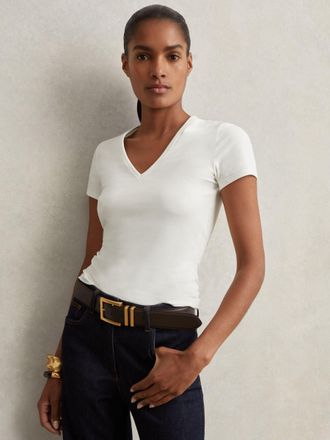 Reiss White Stretch Cotton V-neck T-shirt, XS
