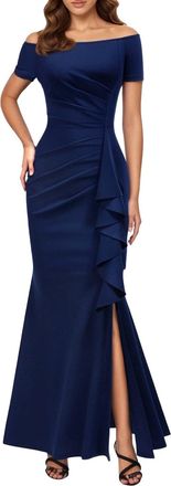 Generic 2025 Dresses Womens Off Shoulder Long of The Bride Dresses Long Satin Ruched Evening Formal Dress with Slit PU173 (Blue, S)